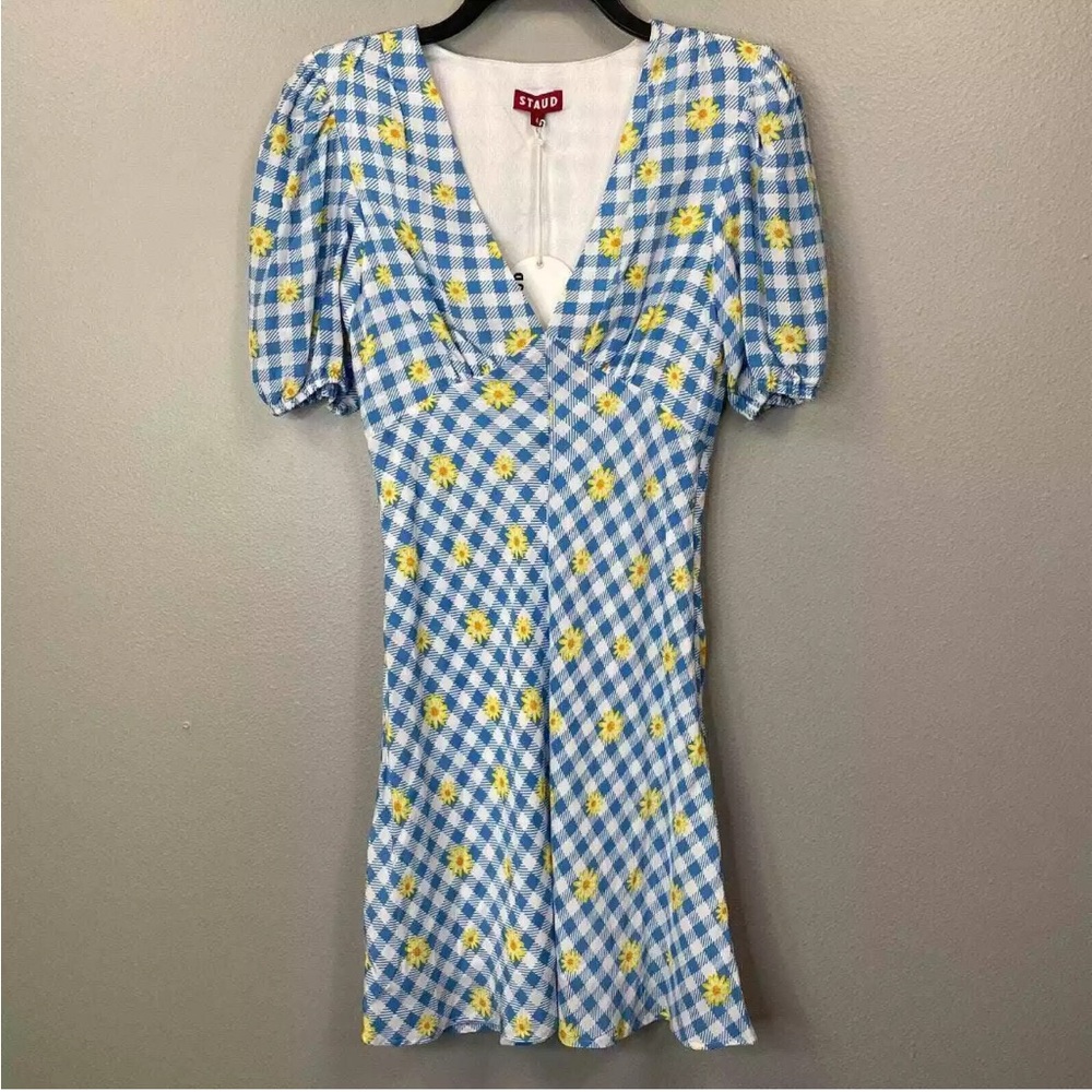 Staud Milla Mini Dress Womens 4 Blue Gingham Plaid Floral Daisy Novelty